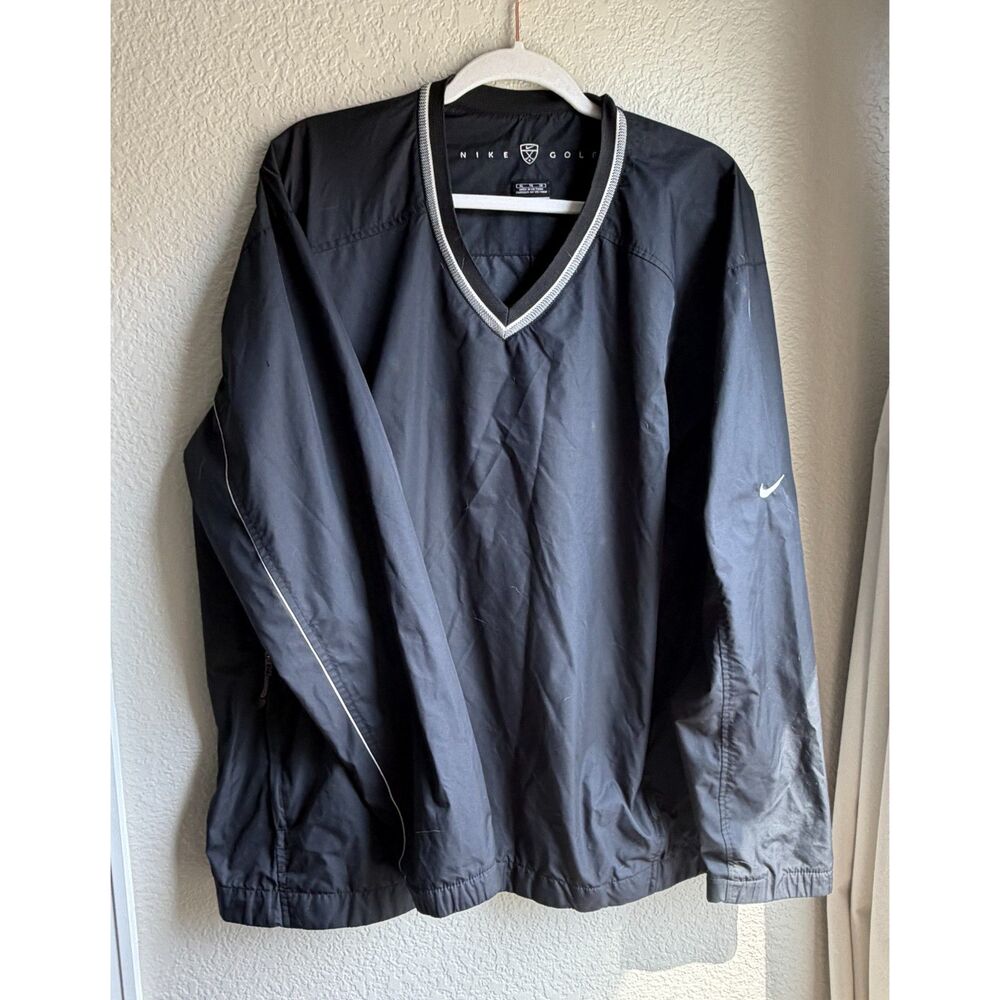 Vintage Nike Golf Clima-FIT Windbreaker XL Black V Neck Pullover Swoosh Y2K